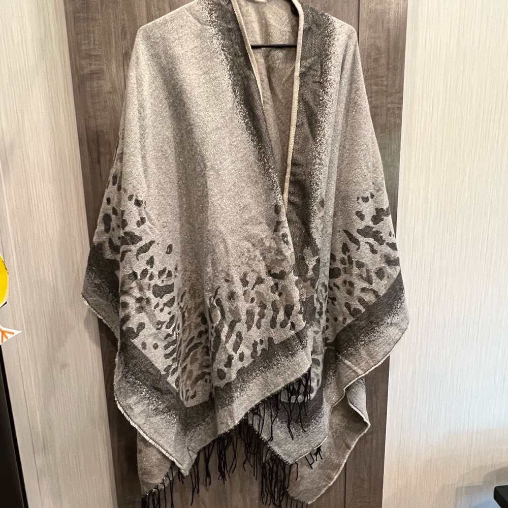 Animal print with fringe/tassel, shrug/poncho with metallic threads